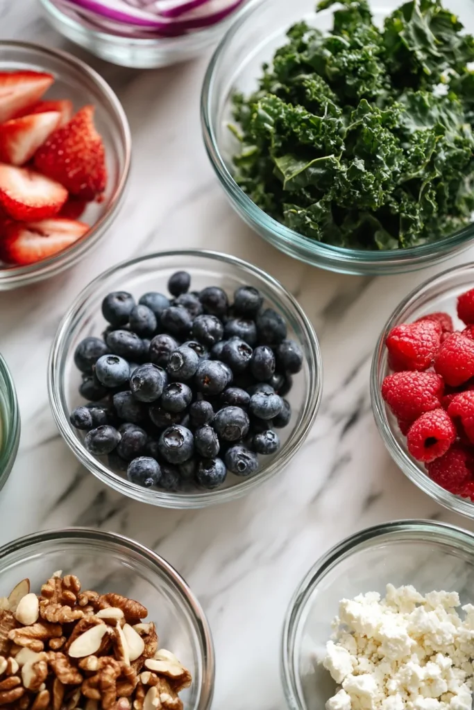Ingredients for kale salad with berries arranged in glass bowls on marble surface