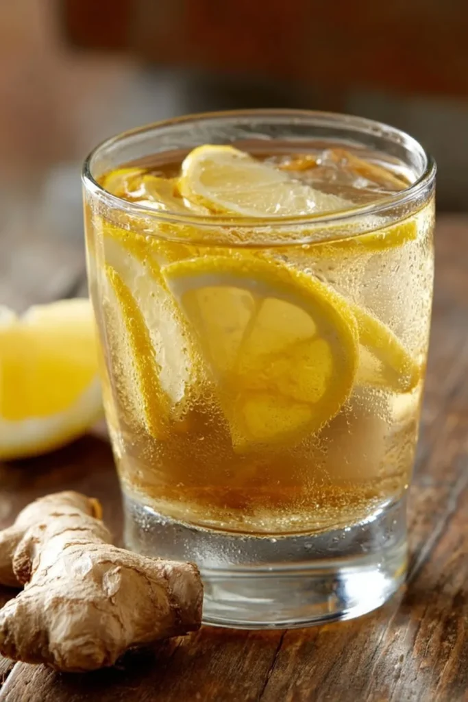 Glass of wellness drink with sliced lemon and ginger on a rustic wooden surface