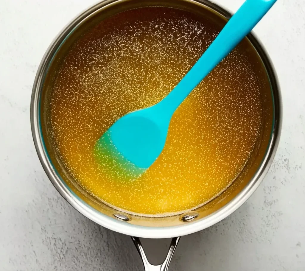 Melted butter and golden syrup bubbling gently in a saucepan with a blue silicone spoon