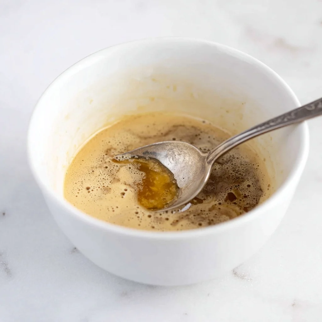 Melted mixture of butter, sugar, and honey in a white bowl with a spoon, ready for making Honey Joys.