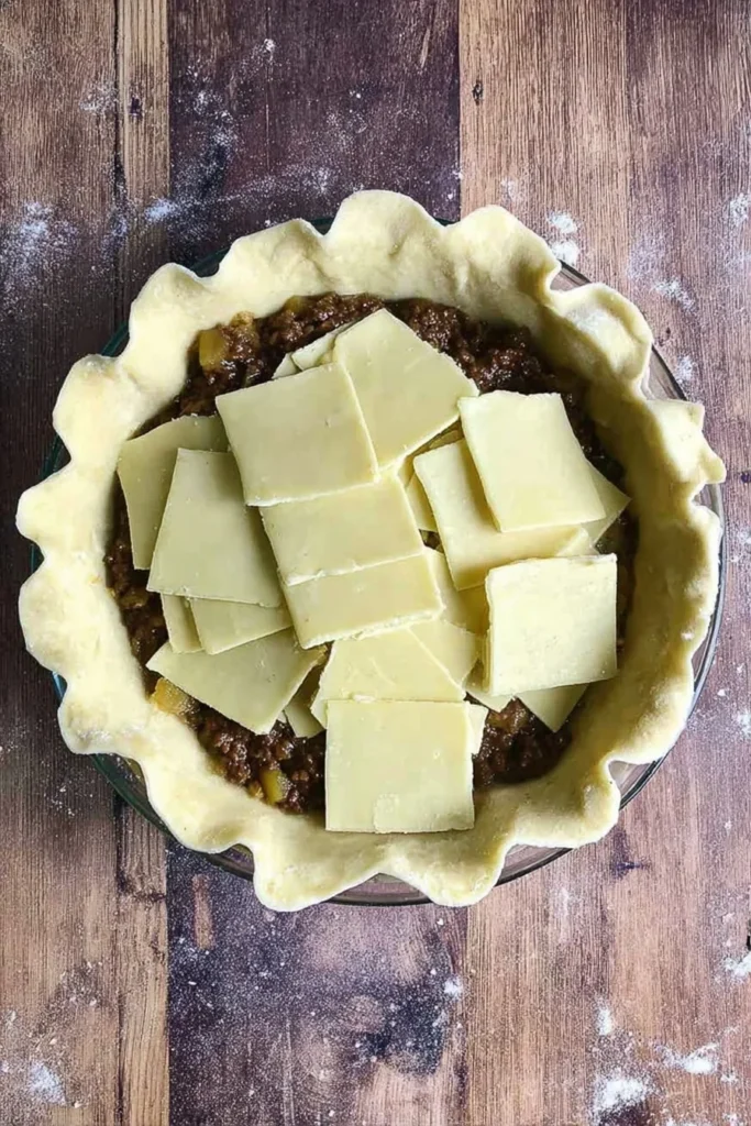 Unbaked mince and cheese pie with a generous layer of cheddar slices on top of savory beef filling