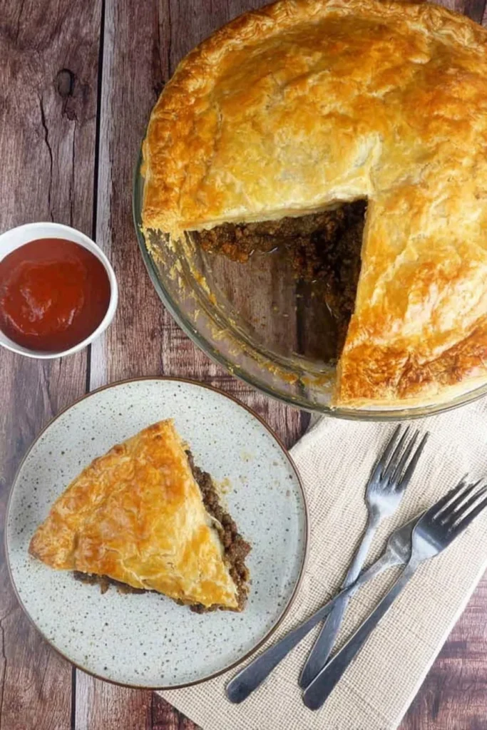 Slice of mince and cheese pie on a plate beside the remaining pie and a bowl of tomato sauce