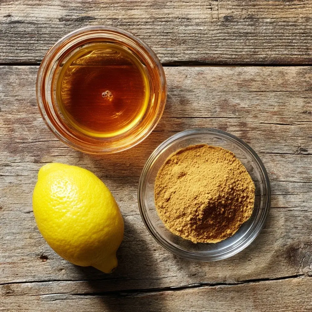 Natural Mounjaro recipe ingredients including lemon, ground ginger, and apple cider vinegar on a rustic wooden table