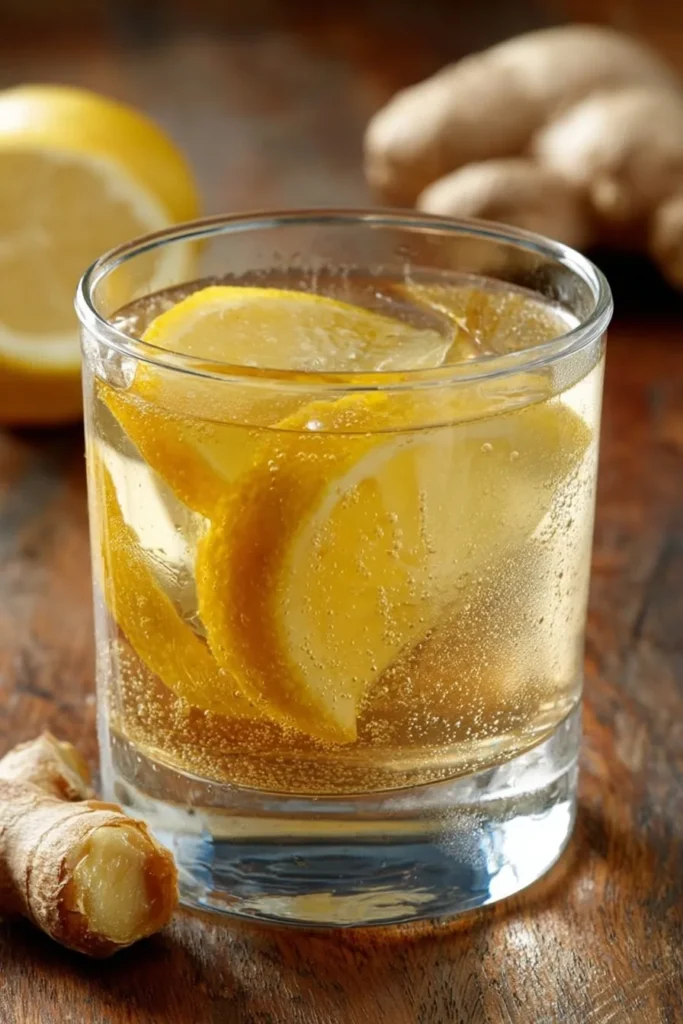 Close-up glass of homemade natural Mounjaro drink with lemon slices and fresh ginger root