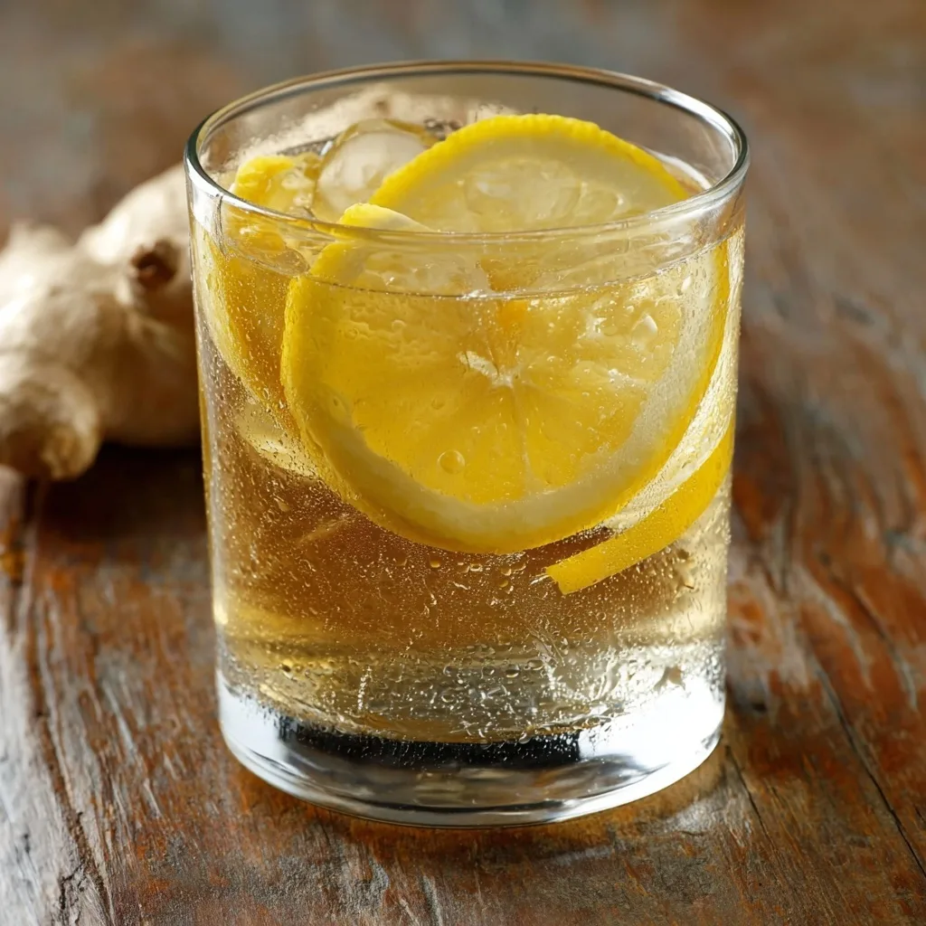 Refreshing glass of natural Mounjaro drink with lemon slices and ginger on rustic wood table