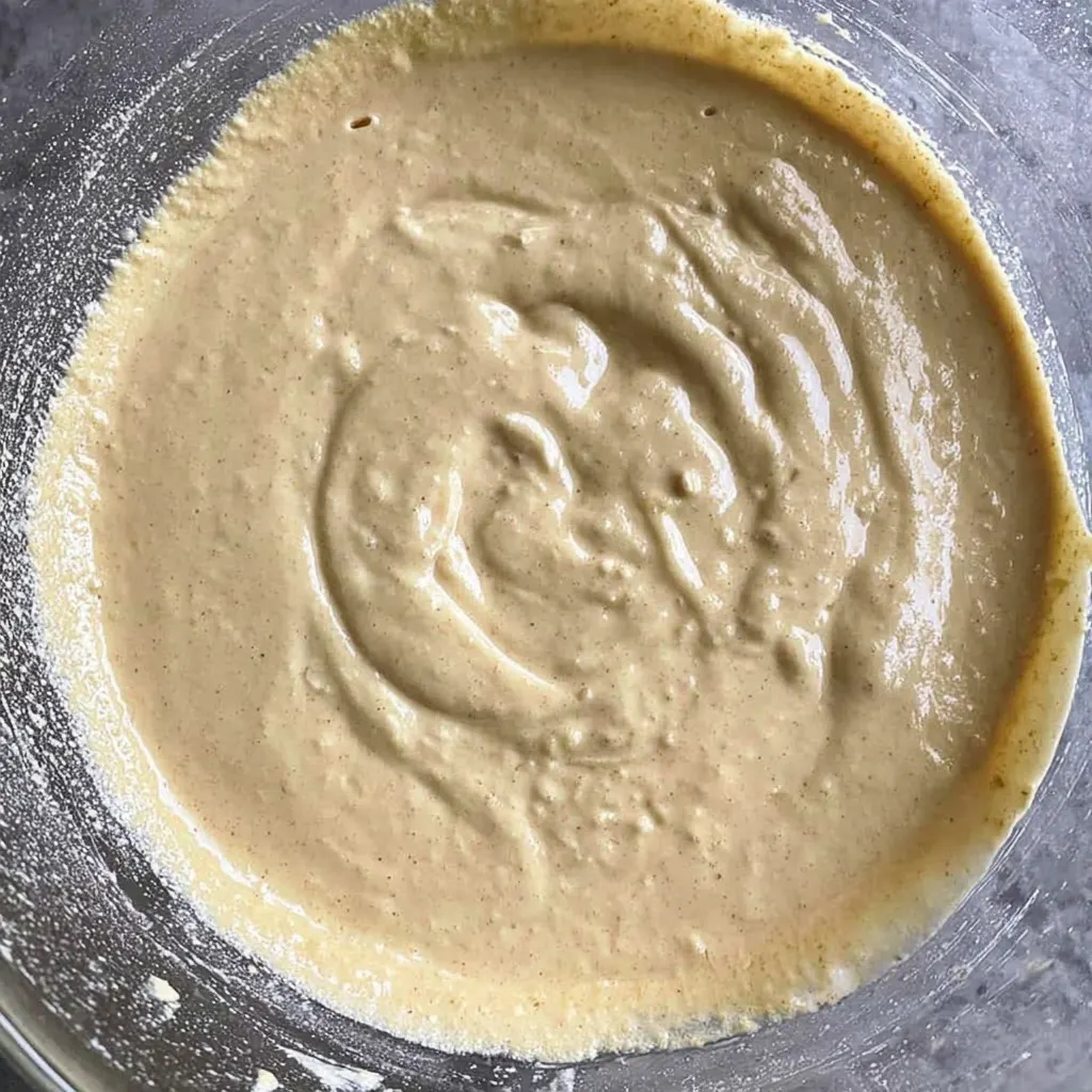 Smooth, lightly golden pikelet batter in a mixing bowl, ready to be spooned into a pan.