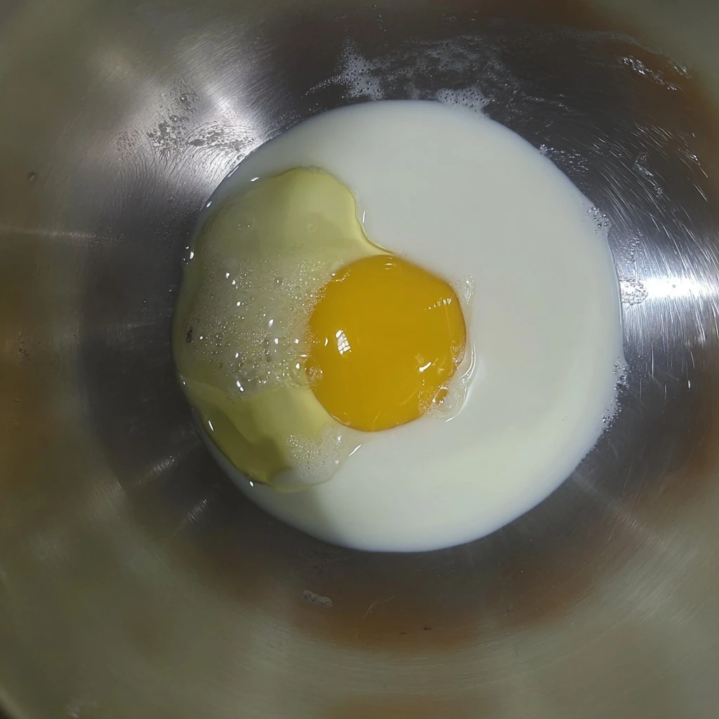 Close-up of an egg and milk in a metal mixing bowl, ready to be whisked for pikelet batter.