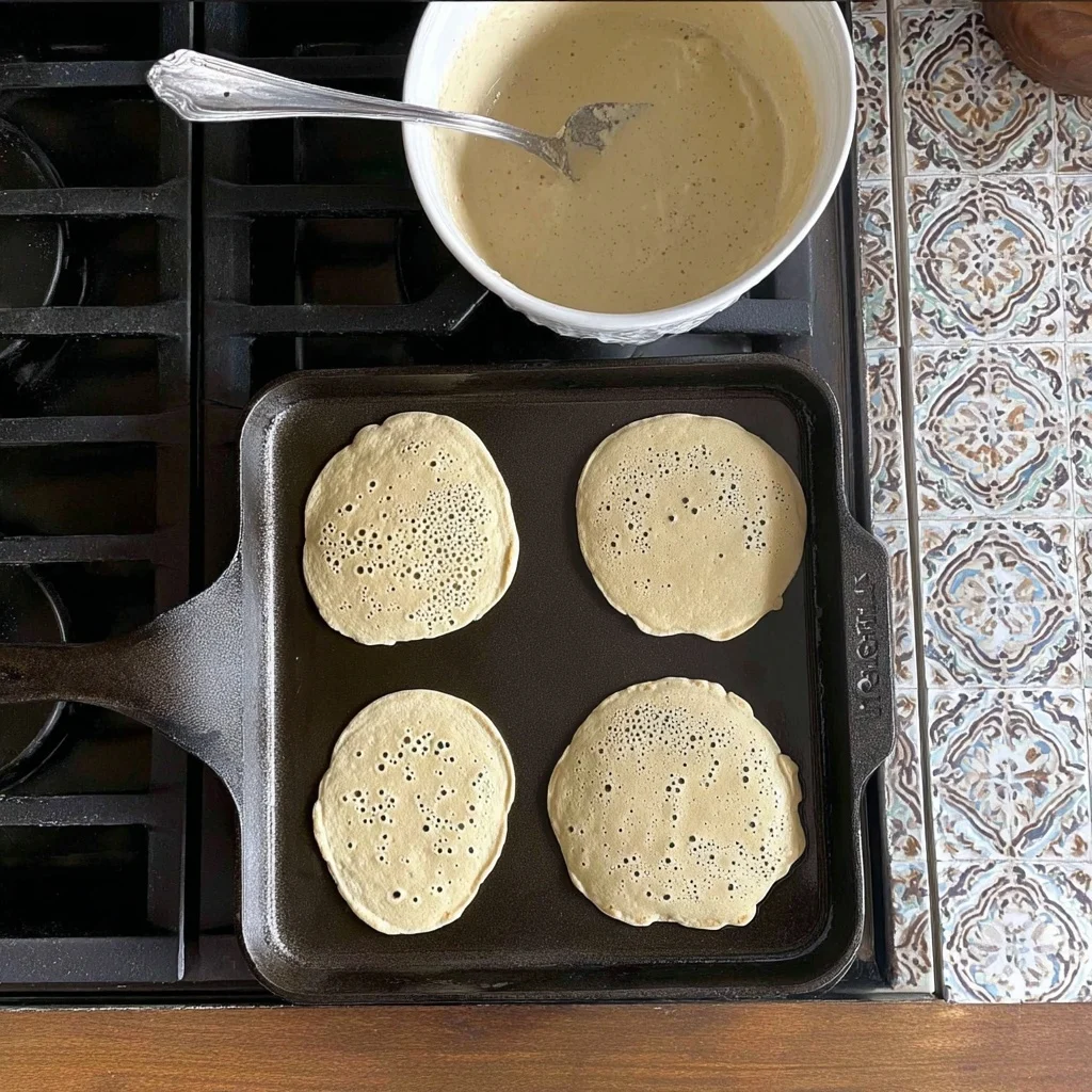 Four pikelets cooking on a cast iron griddle with bubbles forming, next to a bowl of batter on a stovetop.