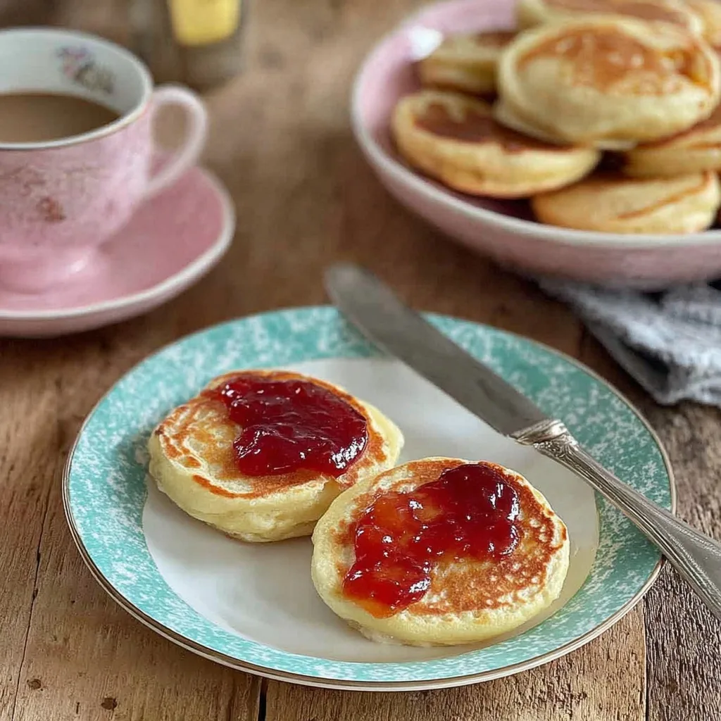 Two pikelets topped with jam on a vintage blue-rimmed plate, with a cup of tea and more pikelets in the background on a wooden table.
