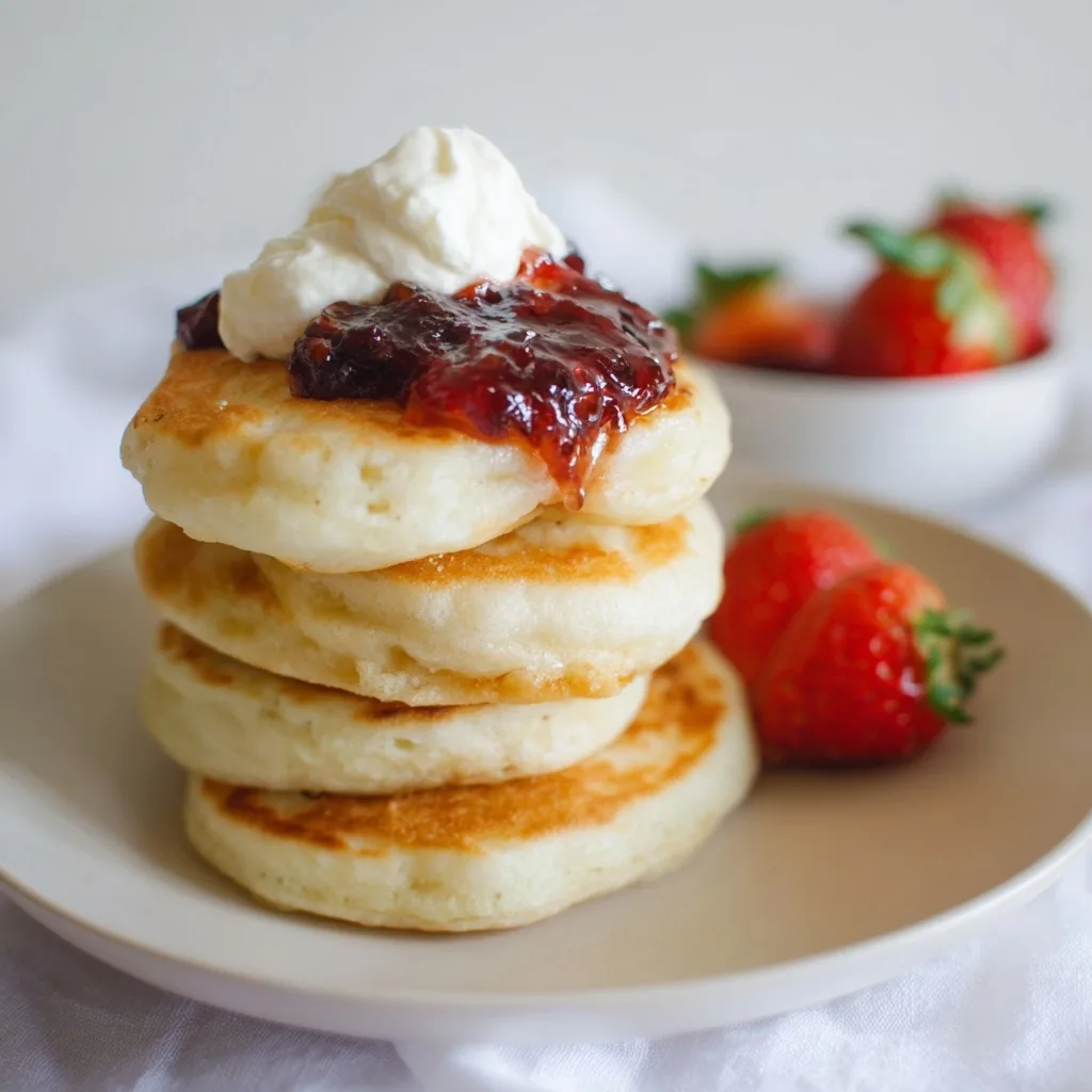 Stack of fluffy golden pikelets topped with strawberry jam and whipped cream, served with fresh strawberries on the side.