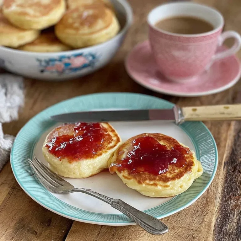 Two golden pikelets topped with strawberry jam on a vintage plate, served with a cup of tea and butter knife on a rustic wooden table.