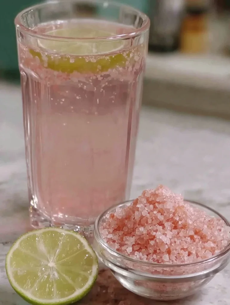 Pink salt water drink with lime slice and coarse Himalayan salt in a bowl