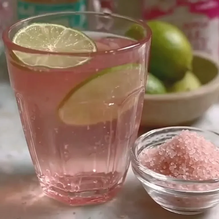 Glass of pink salt water with lime slices and a bowl of coarse Himalayan salt, limes in background