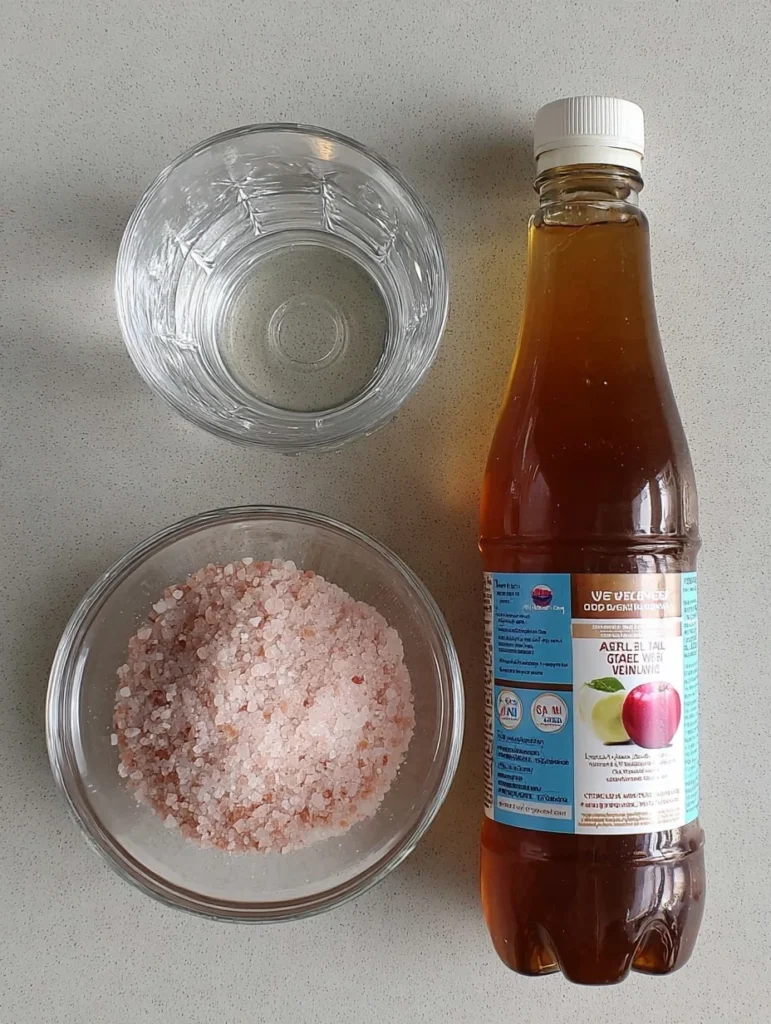 Ingredients for pink salt trick recipe including pink Himalayan salt, apple cider vinegar, and water
