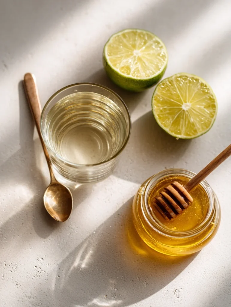 Glass of water with lime halves, honey jar, and spoon on a sunlit surface