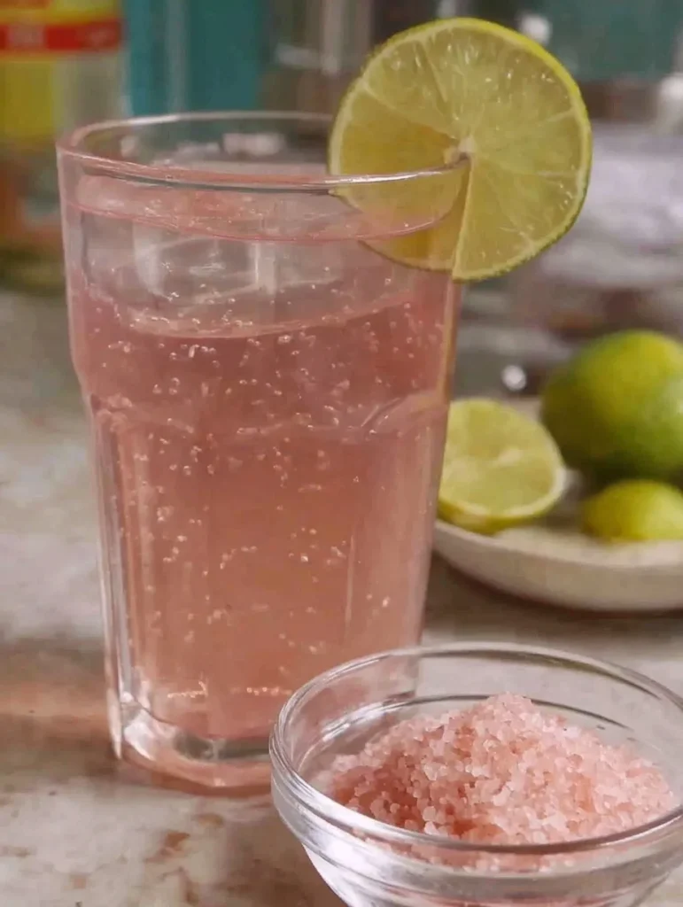 Glass of pink salt water with lime and pink Himalayan salt crystals