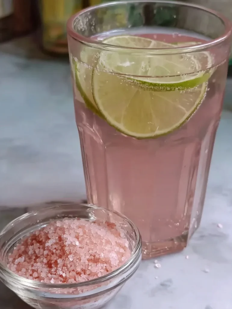 Glass of pink salt water with lime slices and a bowl of coarse pink Himalayan salt