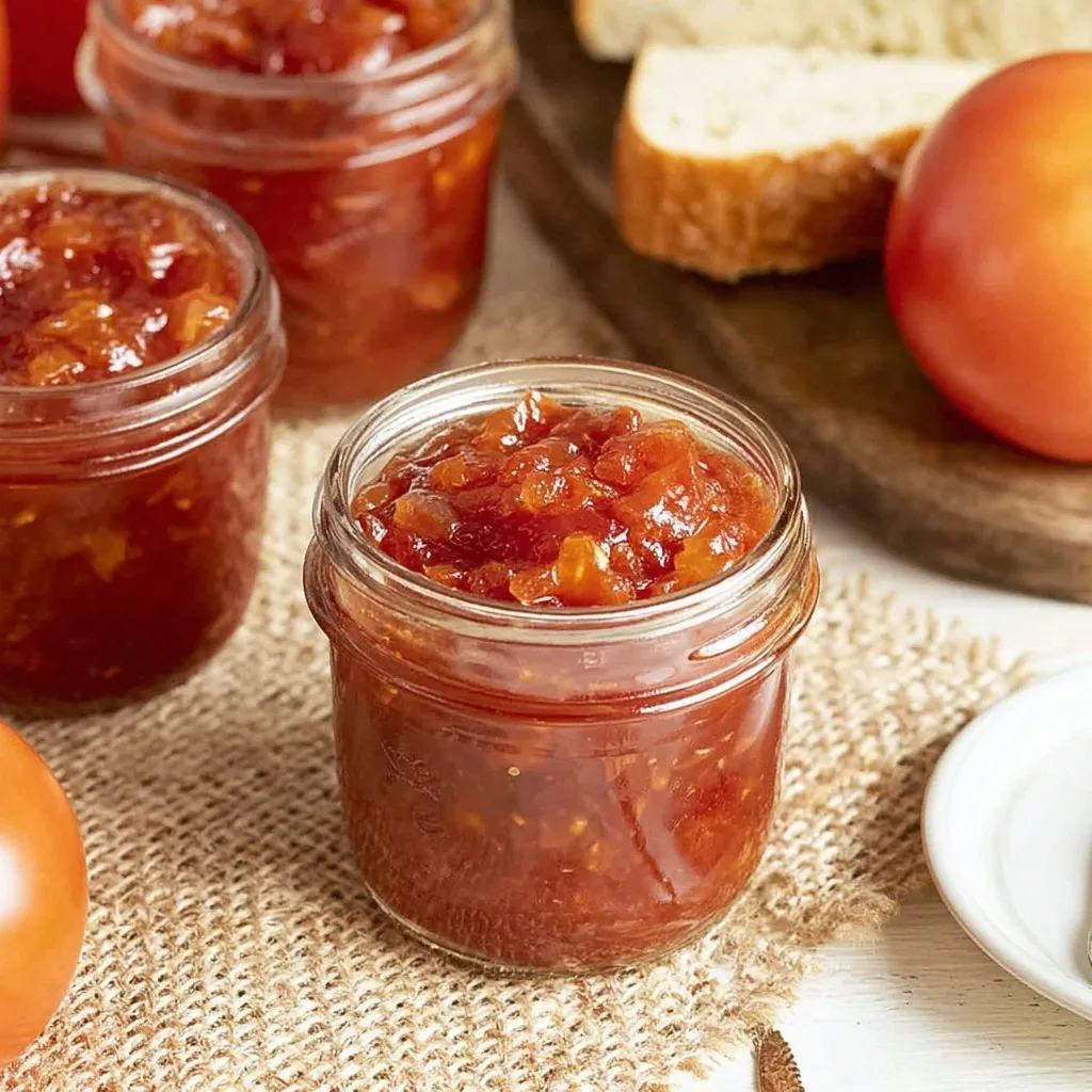 Close-up of rustic homemade tomato relish jars on a burlap surface with fresh bread and tomatoes
