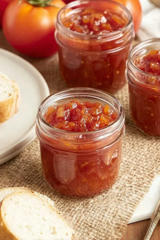 Jars of homemade tomato relish on a burlap cloth with fresh tomatoes and sliced bread nearby