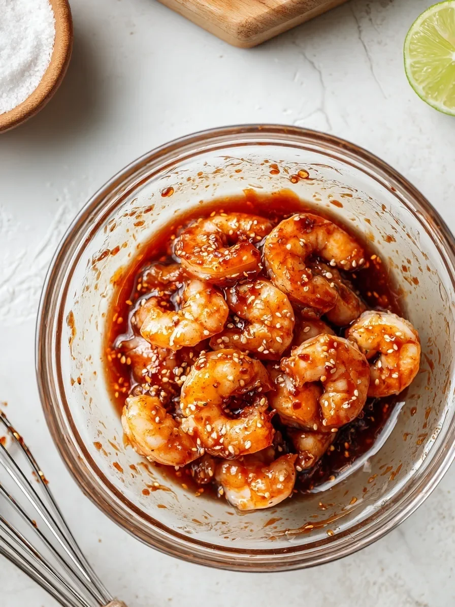 Raw shrimp coated in a thick, spicy marinade with sesame seeds, garlic, and chili sauce in a glass bowl, ready to cook