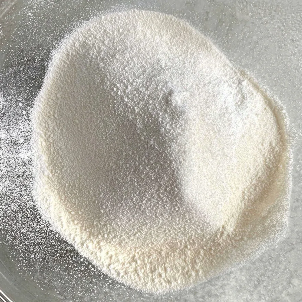 Close-up of sifted flour and sugar in a mixing bowl, ready to be combined for pikelet batter.