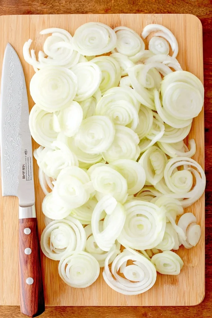 Thinly sliced white onions on a wooden cutting board next to a chef’s knife