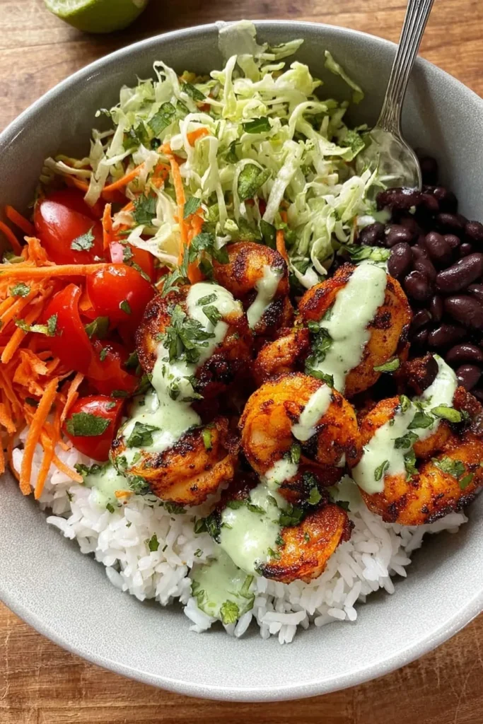 Spicy grilled shrimp served over white rice and topped with creamy cilantro dressing, surrounded by black beans, shredded cabbage, cherry tomatoes, and shredded carrots