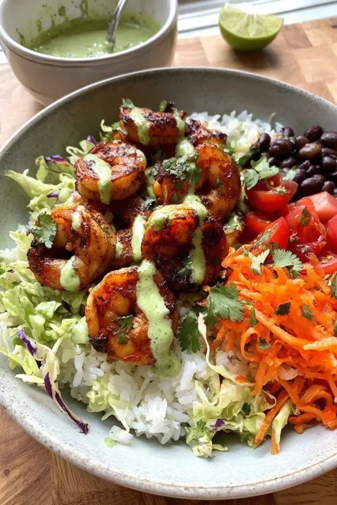 Spicy Shrimp Bowls topped with green creamy dressing, served over rice with shredded lettuce, black beans, diced tomatoes, and grated carrots