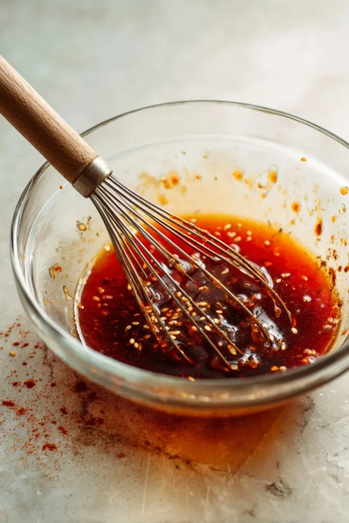 Whisk stirring a bold red marinade with sesame seeds in a glass bowl, featuring chili flakes and soy sauce on a marble surface