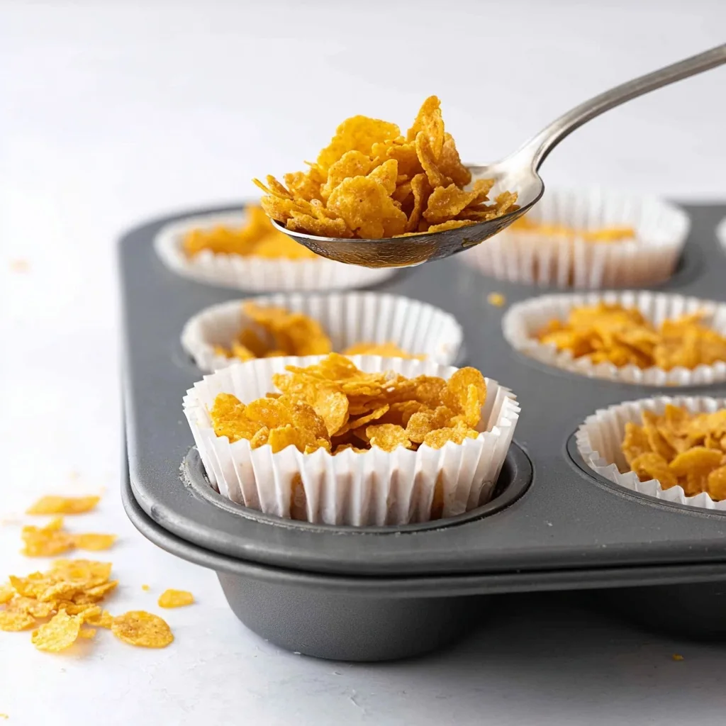 Spoon placing cornflake mixture into white paper cupcake liners set in a muffin tray for Honey Joys preparation.