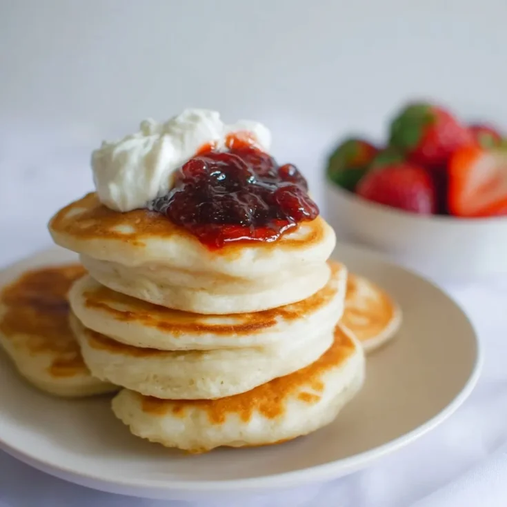 Stack of golden pikelets topped with whipped cream and strawberry jam on a white plate, with fresh strawberries blurred in the background.