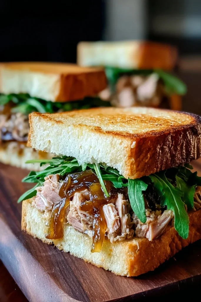 Toasted Buona Beef Tuna Genovese sandwich with caramelized onions and arugula on white bread