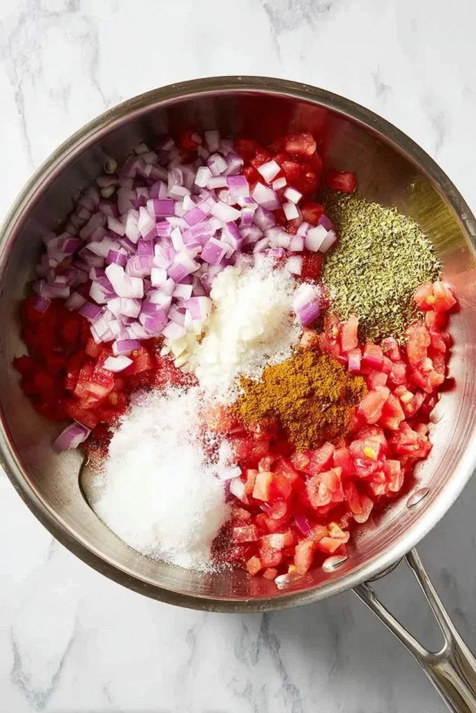 Chopped tomatoes, red onions, spices, sugar, and herbs arranged in a saucepan before cooking tomato relish