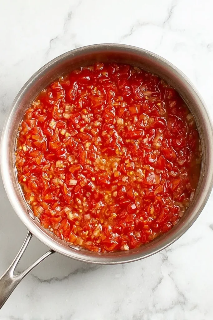 Tomato relish at the early simmering stage in a stainless steel saucepan