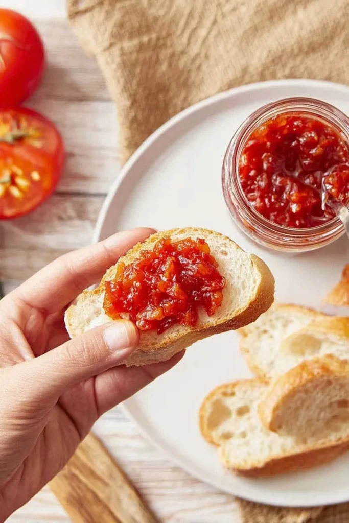 Homemade tomato relish spread on a slice of crusty bread with a jar of relish in the background