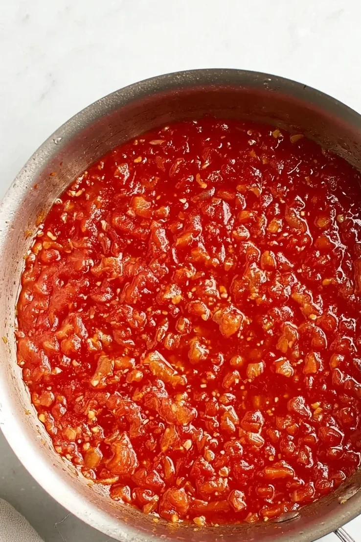 Homemade tomato relish simmering in a stainless steel saucepan on a marble countertop