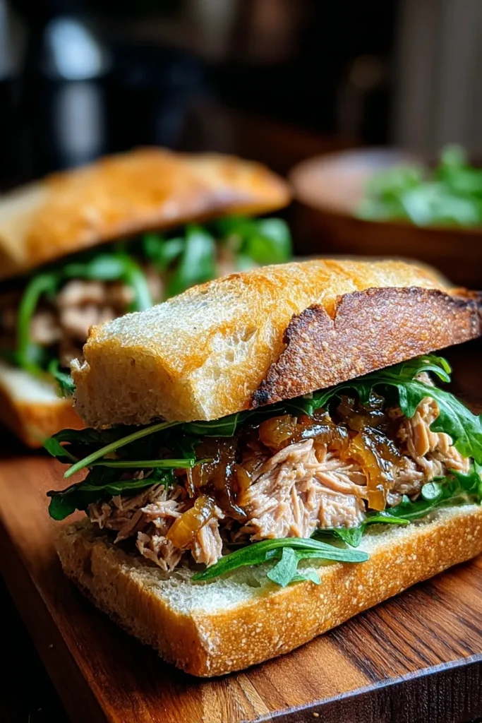 Toasted sandwich filled with tuna, caramelized onions, and arugula — a delicious Buona Beef Tuna Genovese recipe recreated at home