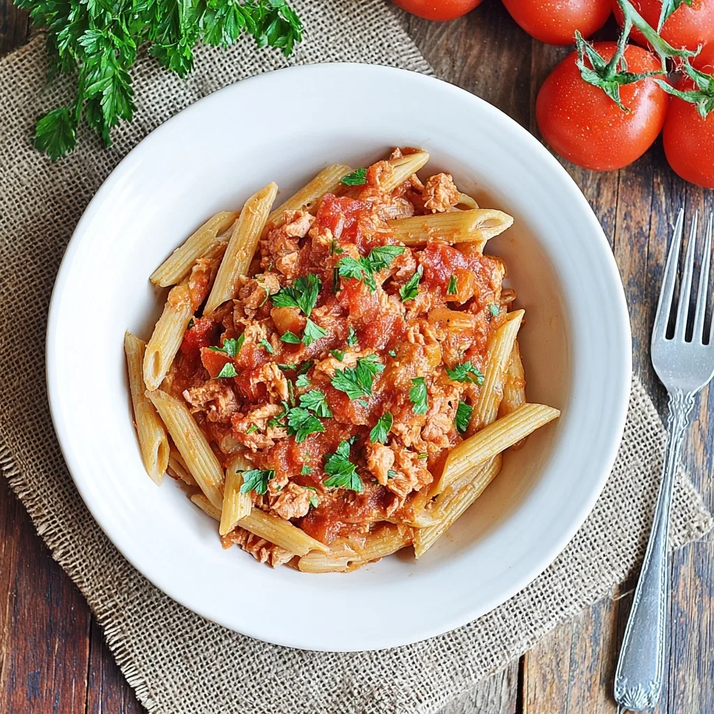 Bowl of penne pasta topped with tomato and tuna Genovese sauce