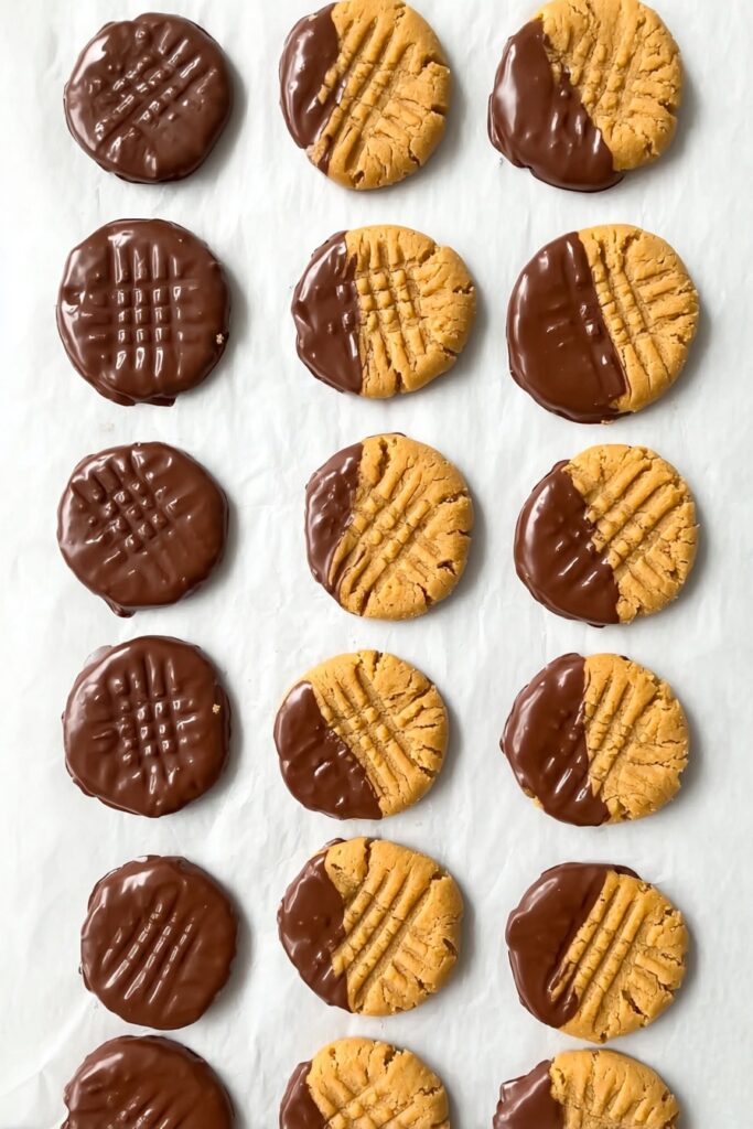 Batch of 3 ingredient peanut butter cookies half-dipped in melted chocolate, arranged on parchment paper.