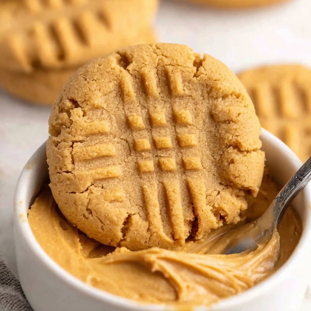 Close-up of 3 ingredient peanut butter cookie with fork marks resting on a bowl of creamy peanut butter.