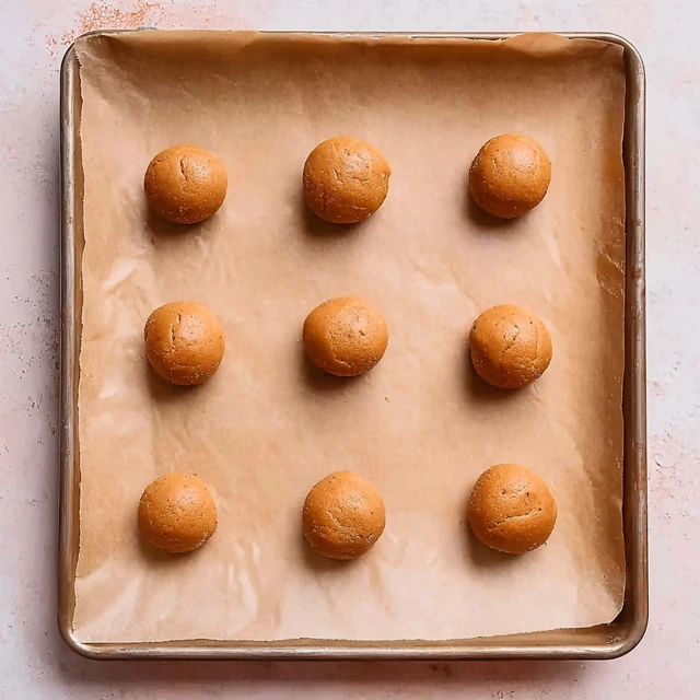 Unbaked dough balls for 3 ingredient peanut butter cookies arranged on a parchment-lined baking sheet.