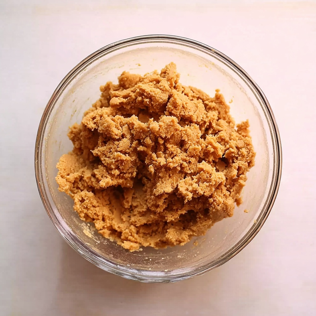 Glass bowl filled with mixed cookie dough for 3 ingredient peanut butter cookies.