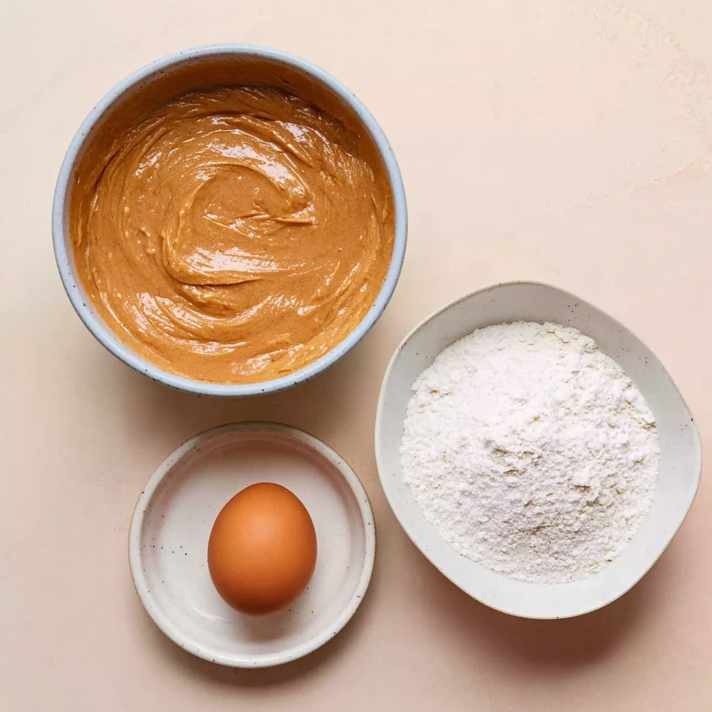 Overhead view of peanut butter, sugar, and an egg in bowls on a light surface, ingredients for 3 ingredient peanut butter cookies.