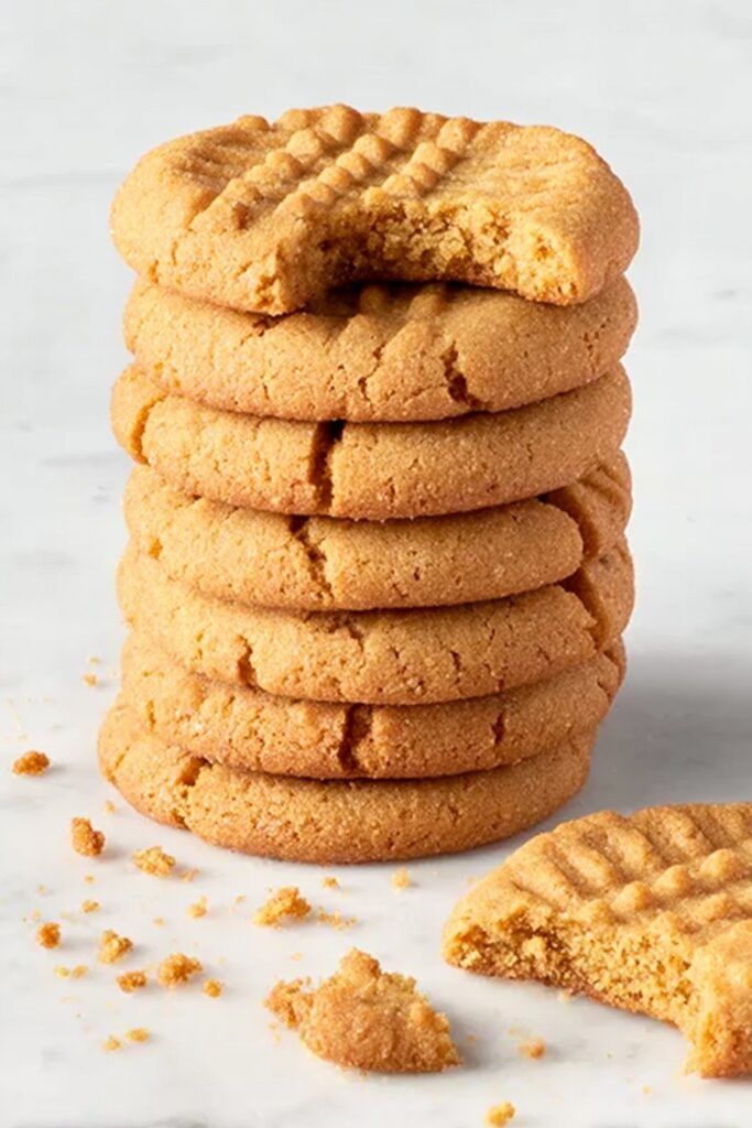 Stack of 3 ingredient peanut butter cookies with a bite taken out of the top cookie, crumbs scattered on a white surface.