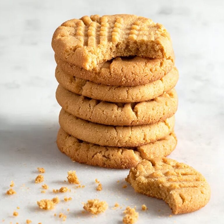 Stack of 3 ingredient peanut butter cookies with fork marks, top cookie bitten, crumbs scattered on marble surface.