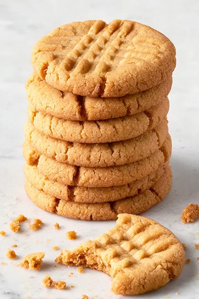 Stack of golden 3 ingredient peanut butter cookies with fork marks, one broken cookie with crumbs in front on white surface.