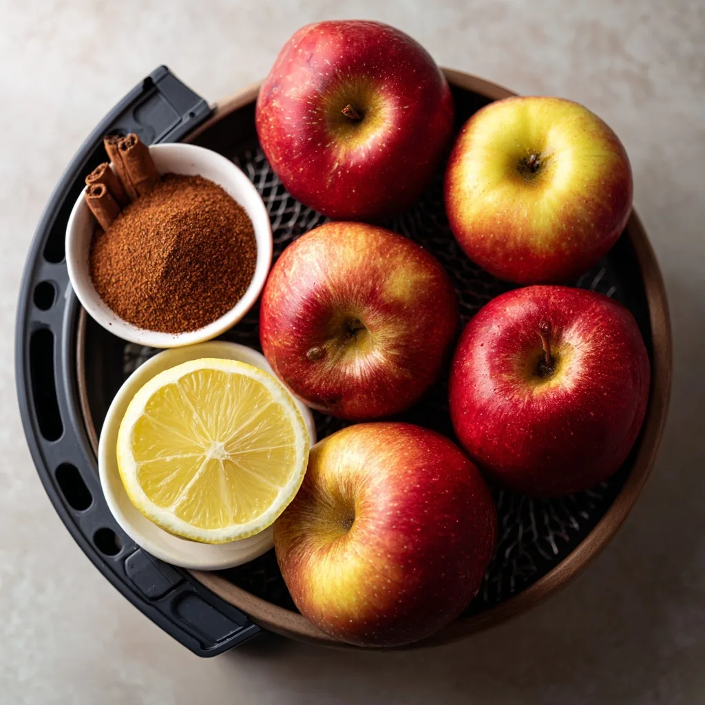 Fresh red apples, ground cinnamon, and lemon displayed as ingredients for making air fryer apple chips.