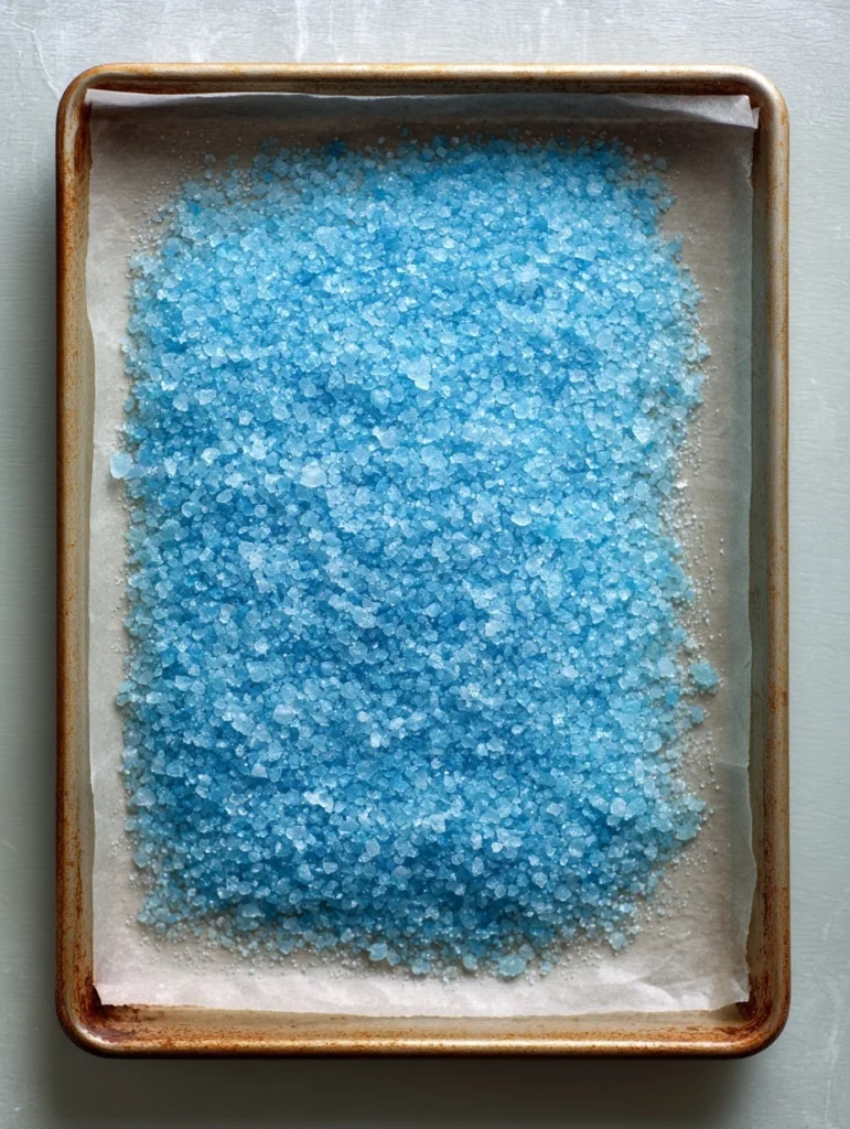 Blue salt crystals spread evenly on a parchment-lined baking sheet, ready for drying.