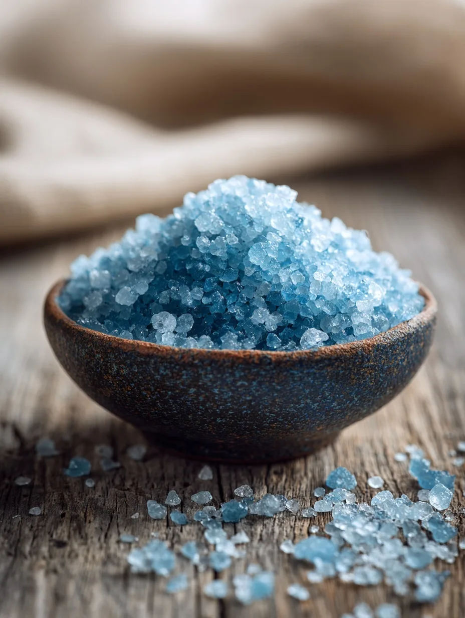 Close-up of coarse blue salt crystals in a rustic ceramic bowl on a wooden table, with scattered grains in the foreground.
