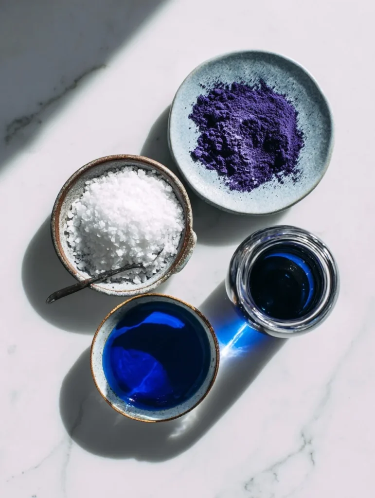 Ingredients for blue salt trick recipe – coarse sea salt, butterfly pea flower powder, and blue liquid coloring in ceramic bowls on white marble.